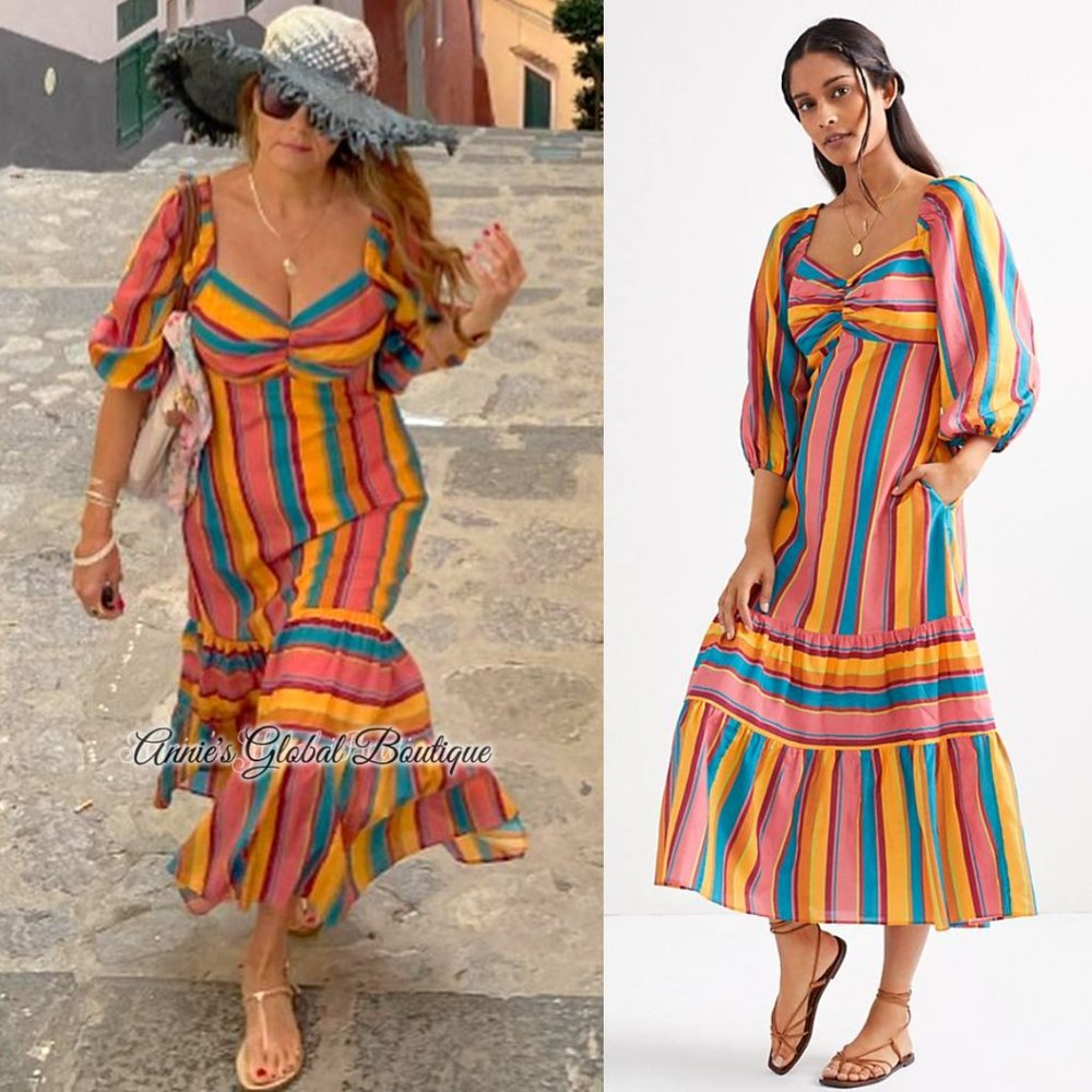 RARE NWT ANTHROPOLOGIE FARM RIO Rainbow Striped Flounced Midi Dress. Size L - Picture 7 of 16